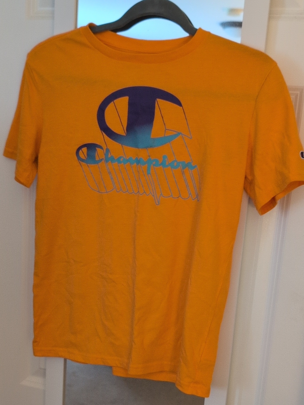 Boys Large Champion Orange Short Sleeve Tee with Blue Gradient Logo